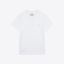 우영미 여성 화이트 비즈 백로고 뱃지 라운드 코튼 반팔 티셔츠 (화이트) M233TS09701W