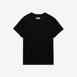 우영미 여성 블랙 비즈 백로고 뱃지 라운드 코튼 반팔 티셔츠 (블랙) M233TS09708B